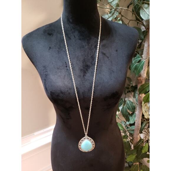 Womens Gold Tone Teardrop Turquoise Filigree Pendant Necklace with Cuff Bracelet - Picture 1 of 9